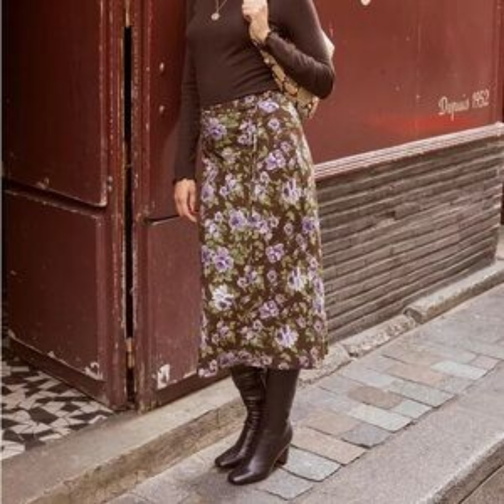 90s Vintage Ralph Lauren Brown Floral Chiffon Autumnal Skirt - Picture 8 of 8
